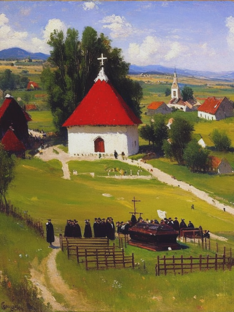 02905-817441687-Funeral, small old wooden orthodox church, village background, extremely hot summer day, rural Romania, painting by Nicolae Grig.png